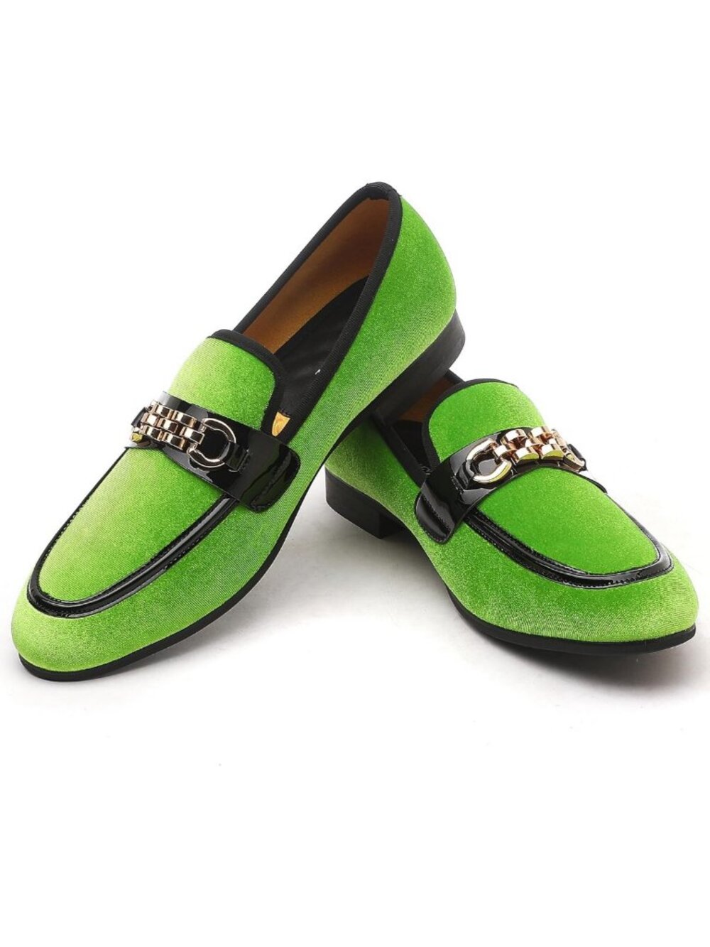Men's Velvet Slip-On Loafers with Gold Chain Detail - Stylish Smoking Flats